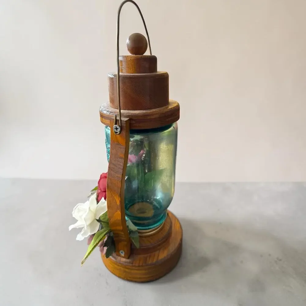 Vintage Handmade Wood Candle Lantern Aqua Perfect Mason Jar Silk Flowers